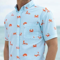 Short Sleeve Shirts|Seersucker|RSVLTS Crabs – Stretch Seersucker Short Sleeve Shirt