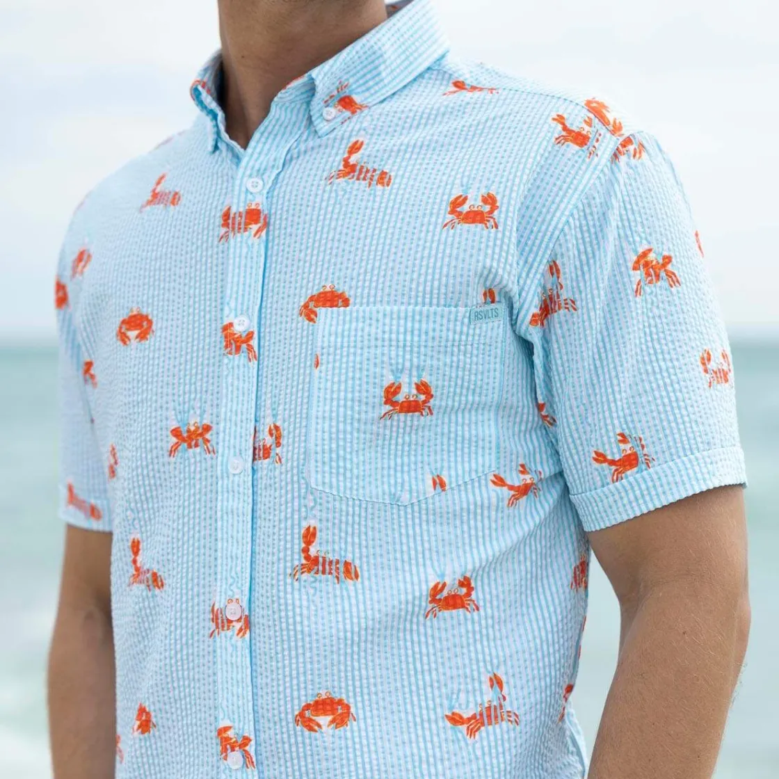 Short Sleeve Shirts|Seersucker|RSVLTS Crabs – Stretch Seersucker Short Sleeve Shirt
