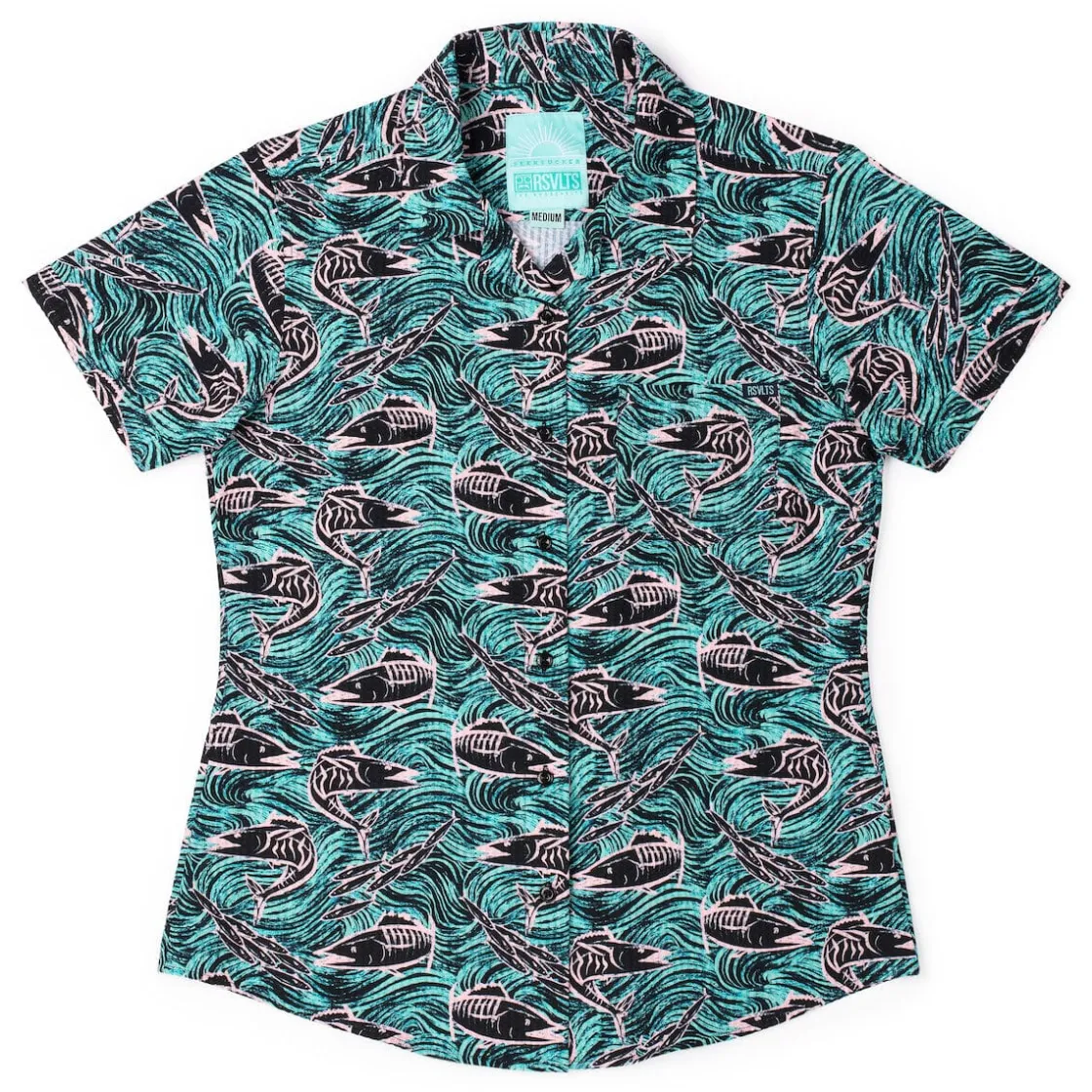 Short Sleeve Shirts|Rsvlts|RSVLTS Fishies – Women's Stretch Seersucker Short Sleeve Shirt