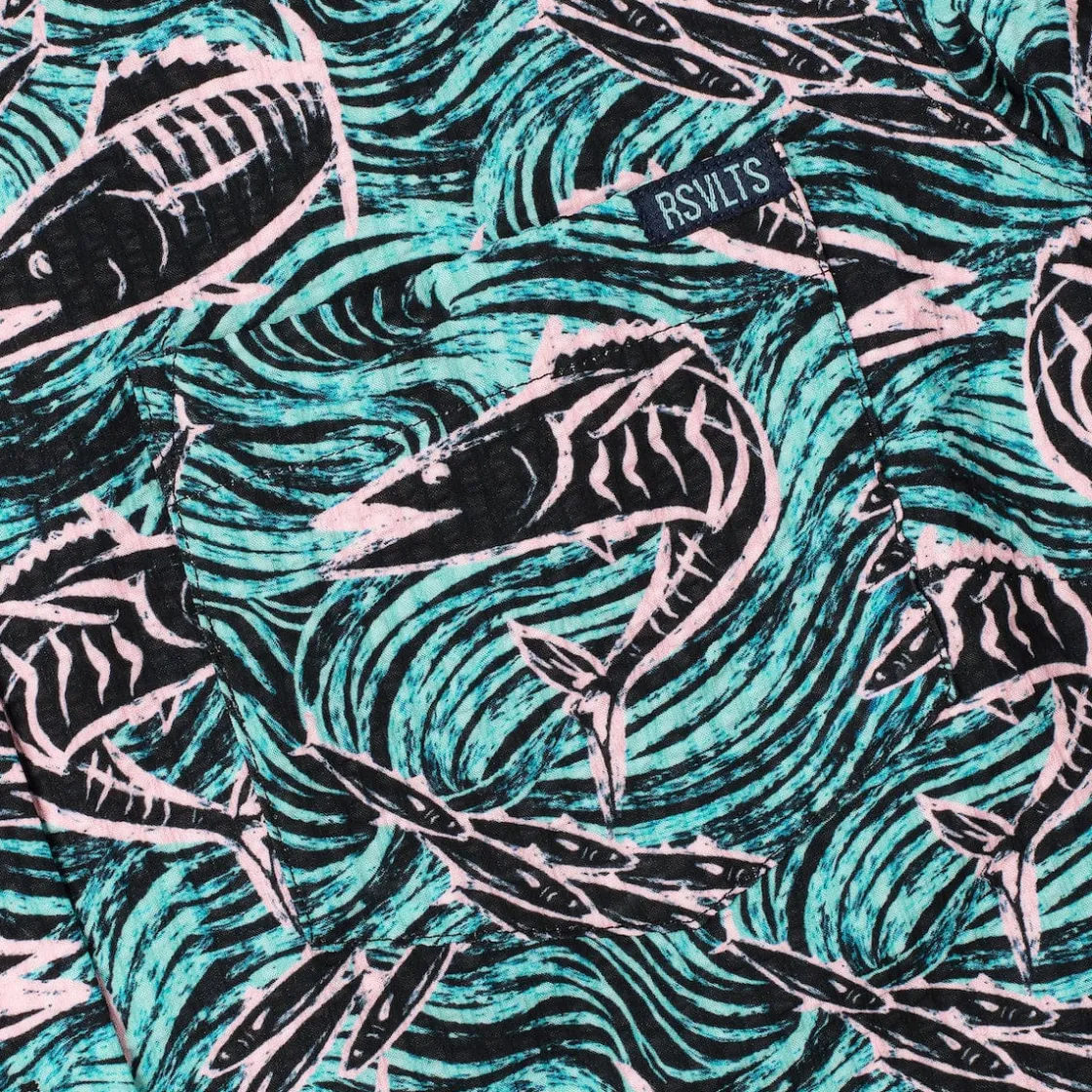 Short Sleeve Shirts|Rsvlts|RSVLTS Fishies – Women's Stretch Seersucker Short Sleeve Shirt