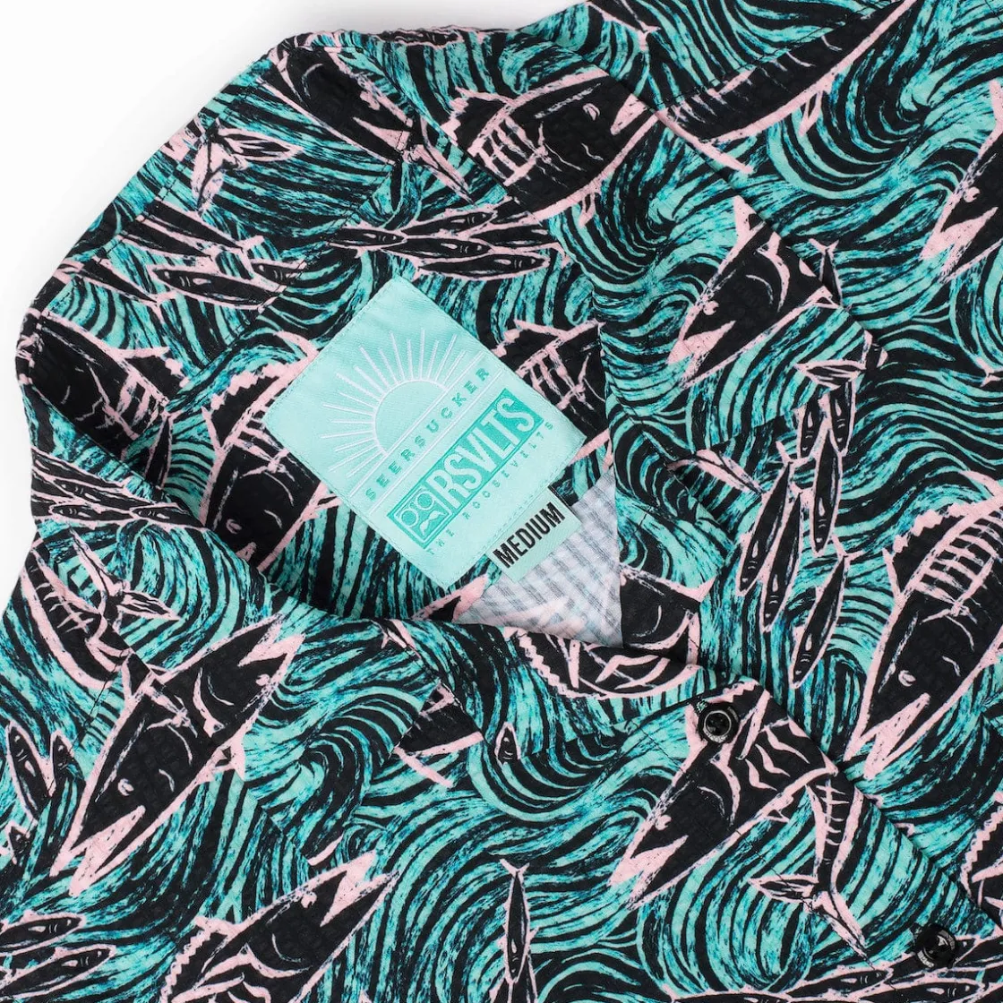 Short Sleeve Shirts|Rsvlts|RSVLTS Fishies – Women's Stretch Seersucker Short Sleeve Shirt