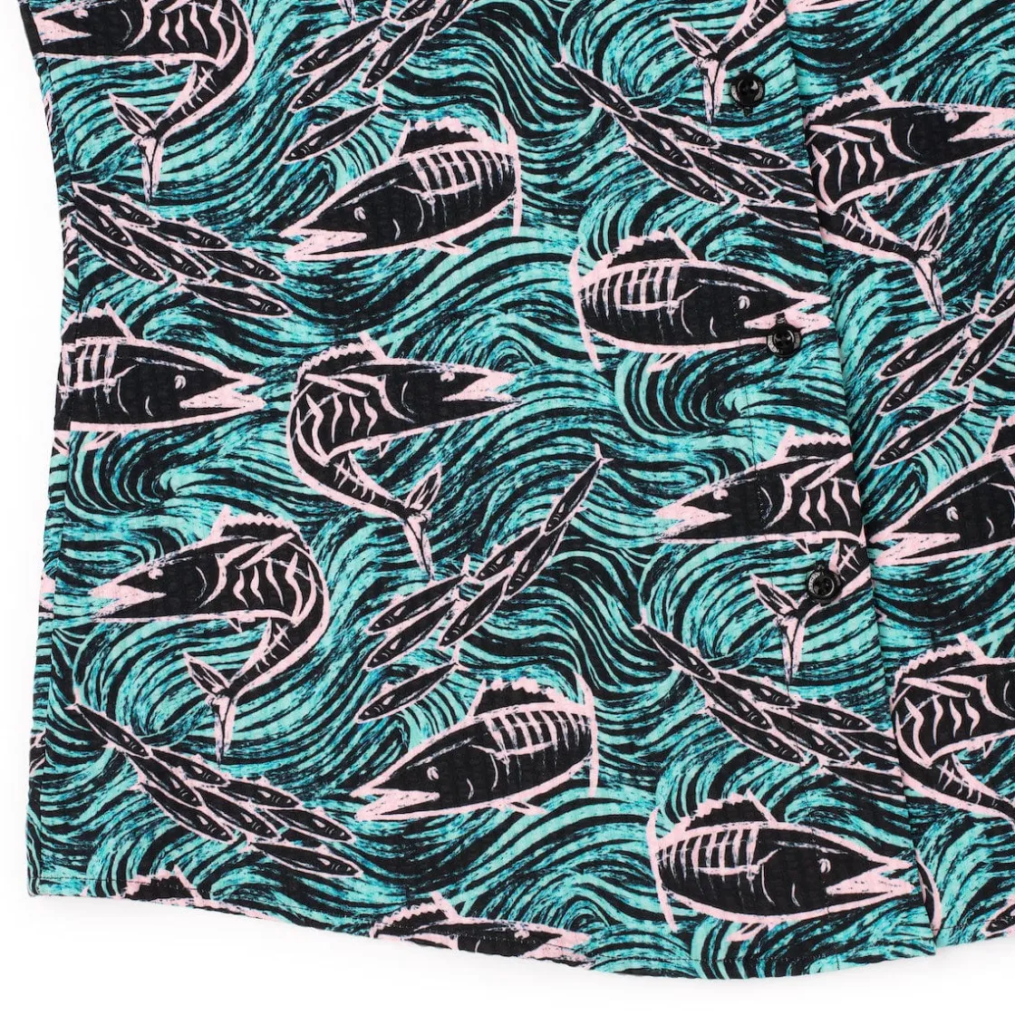 Short Sleeve Shirts|Rsvlts|RSVLTS Fishies – Women's Stretch Seersucker Short Sleeve Shirt