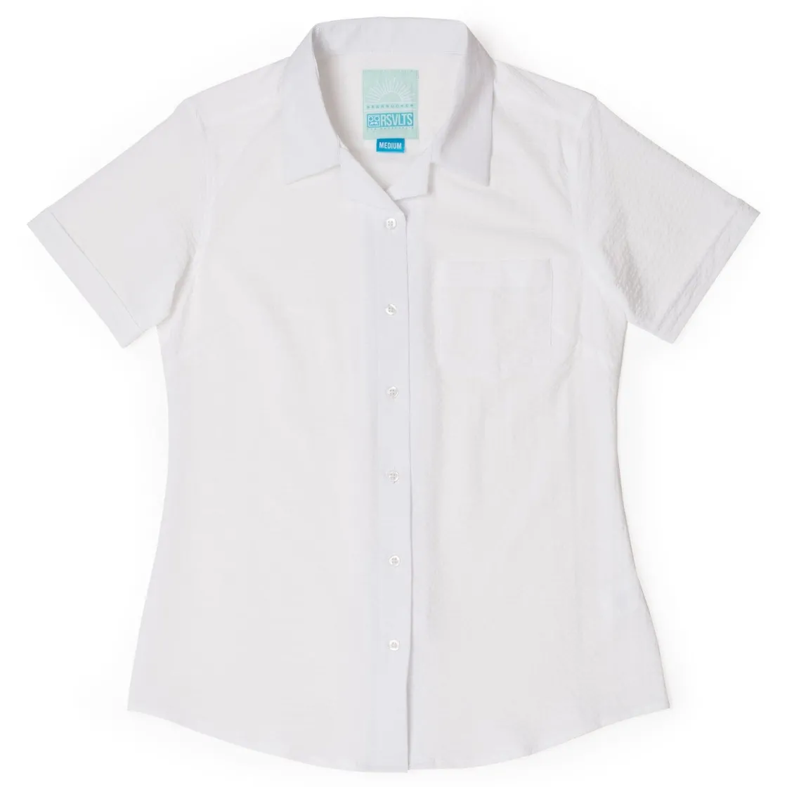 Short Sleeve Shirts|Rsvlts|RSVLTS Pearl – Women's Stretch Seersucker Short Sleeve Shirt