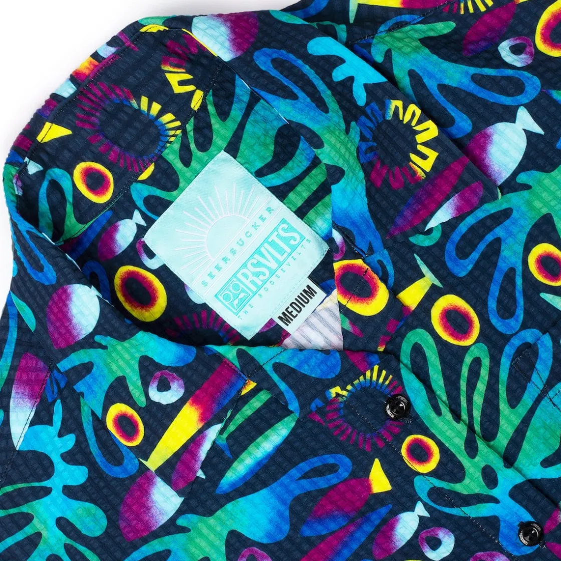 Short Sleeve Shirts|Rsvlts|RSVLTS Rad Reef – Women's Stretch Seersucker Short Sleeve Shirt