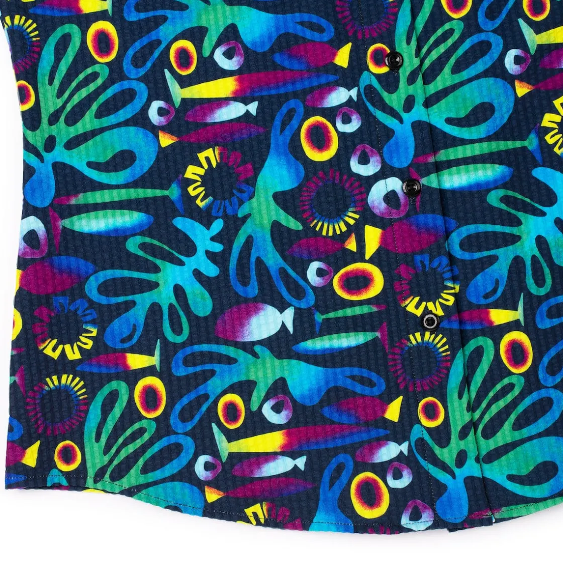 Short Sleeve Shirts|Rsvlts|RSVLTS Rad Reef – Women's Stretch Seersucker Short Sleeve Shirt