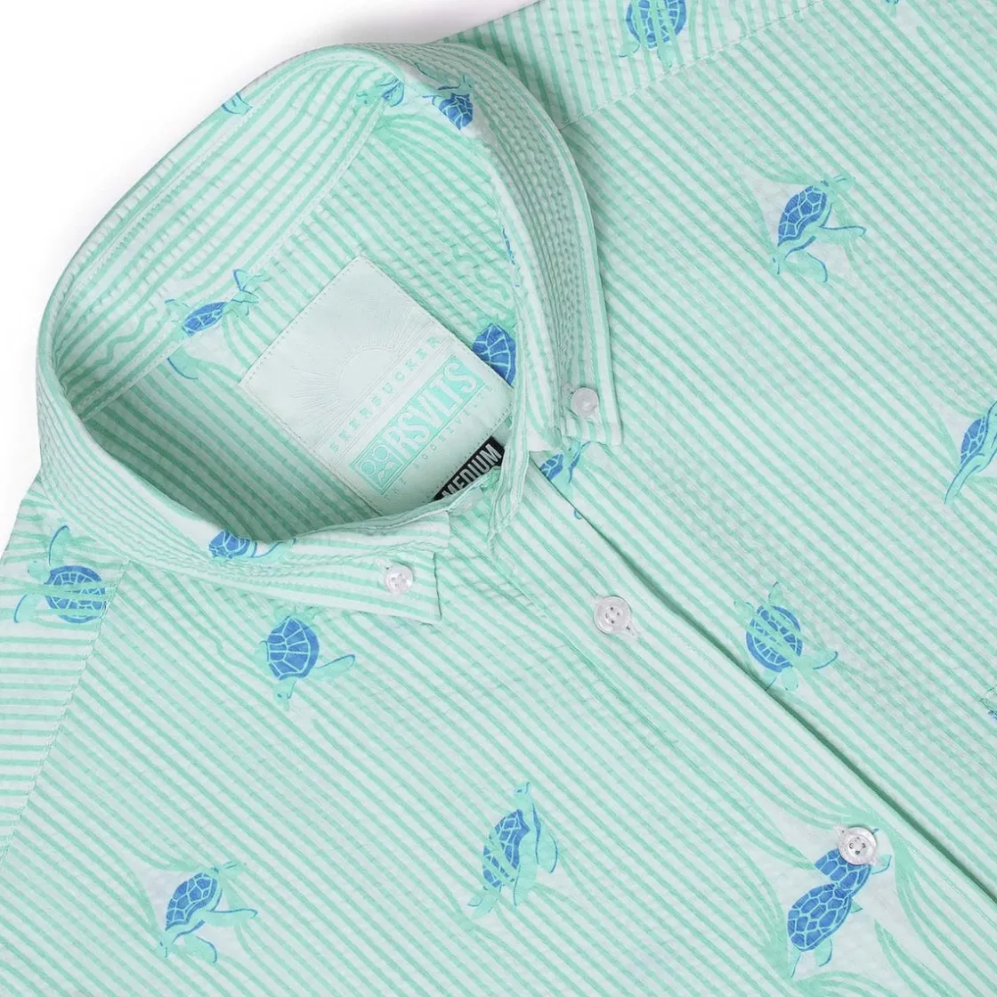 Short Sleeve Shirts|Seersucker|RSVLTS Sea Turtles – Stretch Seersucker Short Sleeve Shirt